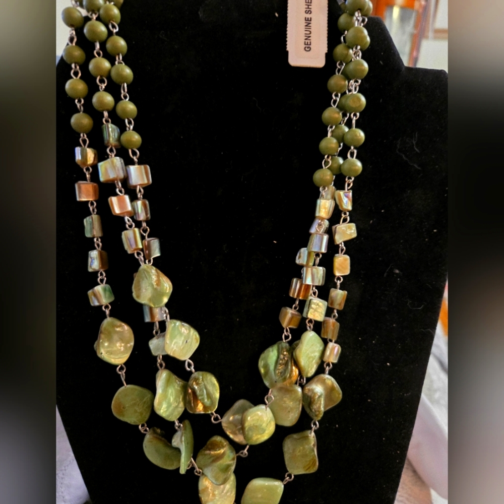 Genuine Shell Olive Green Multi-Strand Necklace